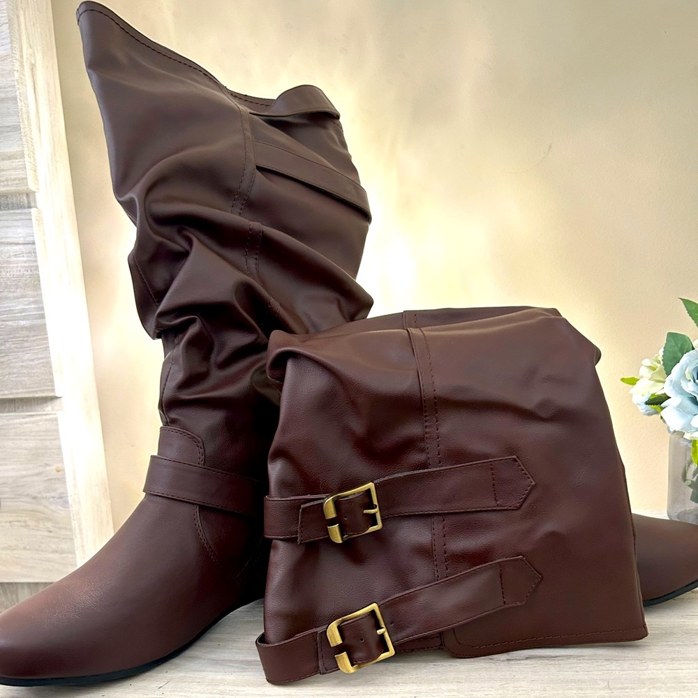 New Mid Calf Brown Faux Leather Boots size 11 Wide Calf, never worn